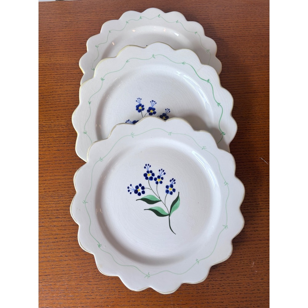 Vintage Selca Portugal 8" Plates Set of 3 Hand Painted Blue Floral Scalloped